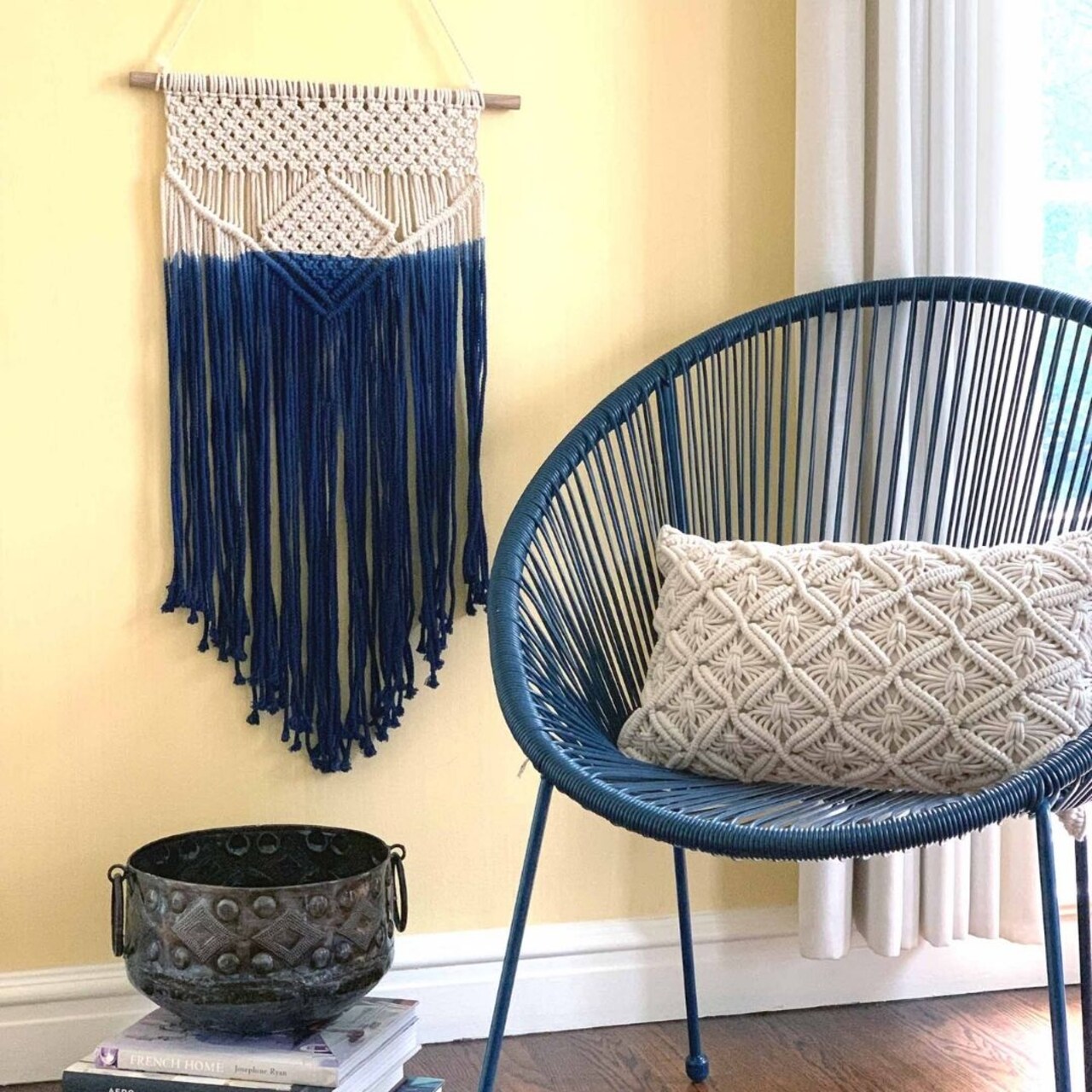 Wall Hanging in Blue Macrame Lightweight Woven Home Decor for Bedroom or Small Spaces